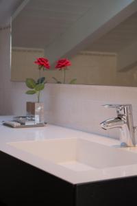 a bathroom sink with two red flowers on the counter at Casa Marcone in Deiva Marina +29 photos