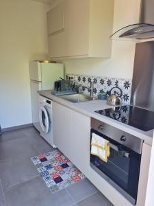 a kitchen with a sink and a stove top oven at Le Studio Joli in La Possession
