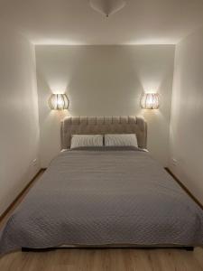a bedroom with a bed with two lights on the wall at Lapu ielas apartment in Ogre