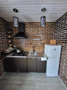 a kitchen with a white refrigerator and a sink at Під горою 2 in Sheshory