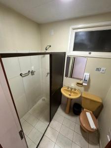 ein Badezimmer mit Dusche, Toilette und Waschbecken in der Unterkunft Veneto Hotel in Canguçu