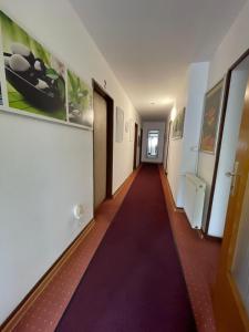 a hallway with a red carpet in a building at Hotel Restaurant Toscana in Bad Orb
