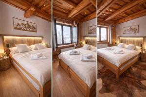 two pictures of a bedroom with two beds in a room at Apartmány Starý mlyn in Habovka
