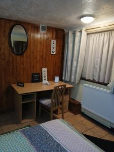 a bedroom with a desk with a bed and a mirror at Self contained 1 bedroomed garden flat in Abersychan