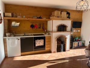 a kitchen with a stove and a fireplace at Pulsà dol Sìndec in Vilminore