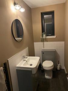 a bathroom with a sink and a toilet and a mirror at St Magnus Retreat in Lerwick