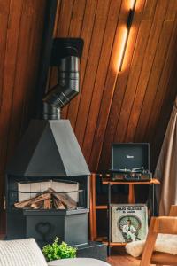 a kitchen with a stove with a laptop on a table at Chalé RIVAGI in Passa Quatro