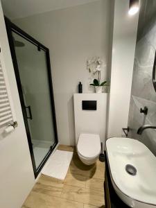 a bathroom with a toilet and a shower and a sink at SPV Rentals Pileckiego 59 lokal 226 free Parking Ursynów in Warsaw
