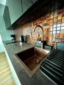 a kitchen with a sink and a counter top at SPV Rentals Pileckiego 59 lokal 226 free Parking Ursynów in Warsaw +14 photos
