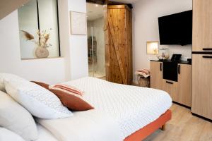 a bedroom with a bed and a television in a room at L'Escapade Etoilée Rosheim in Rosheim