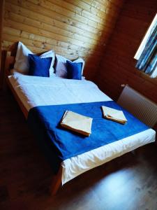 a bedroom with a large bed with blue sheets and pillows at Panorama Apuseni in Beliş
