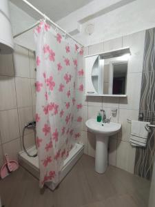 a bathroom with a shower curtain with pink flowers at Villa DIJA in Kruševo