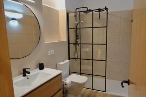 a bathroom with a toilet and a sink and a mirror at Casa Paulina in Beceite