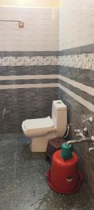 a bathroom with a toilet and a fire hydrant at Rk comforts & lodge in Madhugiri