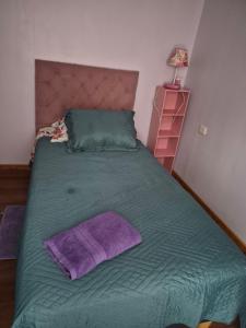 a bed with a green comforter and a purple pillow at Cabaña Alfalfares Oriente in La Serena