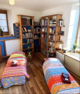 two beds in a living room with bookshelves at La Ferme Bugiste - Maison de caractère in Belley