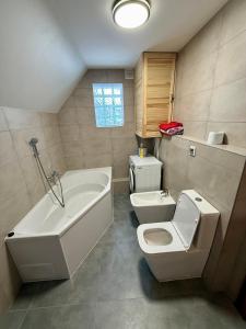 a bathroom with a tub and a toilet and a sink at Peter House in Nowy Targ