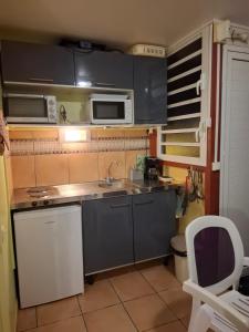 a small kitchen with a sink and a microwave at Studios Soleil du Sud in Sainte-Anne