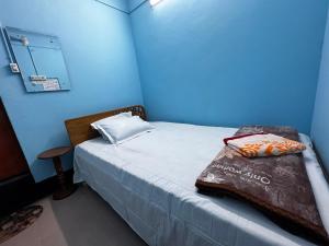 a blue room with a bed with a pillow on it at Hotel Shopno Abasik in Dhaka