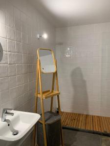 a bathroom with a mirror on a shelf next to a sink at Casa Picobello in Calheta de Nesquim