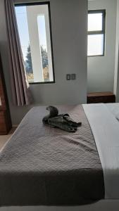 a pair of gloves sitting on top of a bed at Cuarto en casa de campo in Arandas