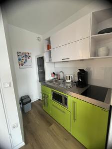 a green kitchen with a sink and a microwave at Bella Vista Studio-Appartement in Bad Rothenfelde