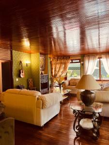 a large living room with couches and a guitar at Mansão Bardo in Petrópolis