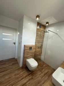 a bathroom with a toilet and a shower and a sink at AgA in Pobierowo