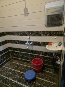 a bathroom with a sink and a red bucket at Red diamond palace in Sīkar