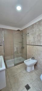 a bathroom with a shower and a toilet and a sink at Habitación en suite in San Rafael