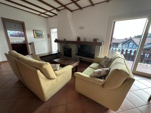 a living room with two couches and a fireplace at Casa Gioia in Besano