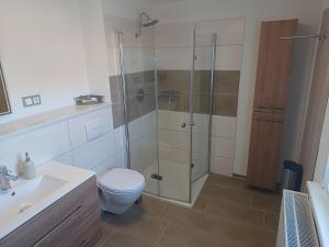 a bathroom with a shower and a toilet and a sink at Ferienhaus Rosi in Blankenburg +18 photos