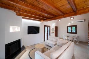 a living room with a couch and a fireplace at Villa Olivia in Loutraki