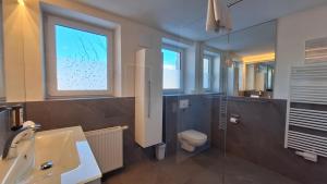a bathroom with a sink and a toilet and a window at Panorama Apartments - Steinbock Lodges in Zell am See +73 photos