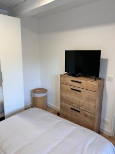 a bedroom with a bed and a television on a dresser at Le petit cocon in Pont-de-Veyle