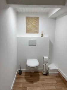 a bathroom with a toilet and a painting on the wall at Le petit cocon in Pont-de-Veyle