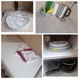 a collage of four pictures of a kitchen counter at Maria Central Studio in Târgu Neamț
