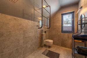 a bathroom with a shower with a toilet and a window at Osada Niebieskich Drzwi 39 B in Stronie Śląskie +19 photos