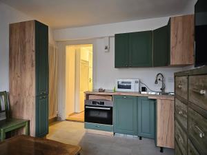 a kitchen with green cabinets and a microwave at The Old Coach Retreat in Rheinfelden +38 photos