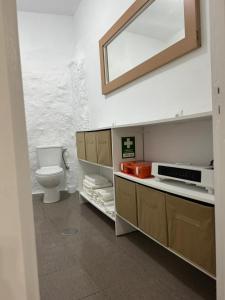 a bathroom with a toilet and a mirror on the wall at Adoria GuestHouse in Adoria +23 photos