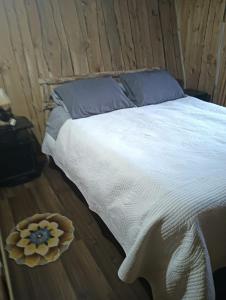 a bedroom with a bed and a bowl on the floor at Cabañas Río Iculpe in Lago Ranco +4 photos