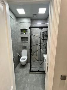 a bathroom with a toilet and a shower in it at Qarb Apartment Dernegul metro in Baku +12 photos