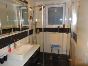 a bathroom with a sink and a glass shower at Kleine Einliegerwohnung- komfort Home! in Lahnau +14 photos