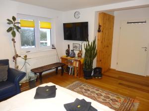 a living room with a bed and a tv at Kleine Einliegerwohnung- komfort Home! in Lahnau