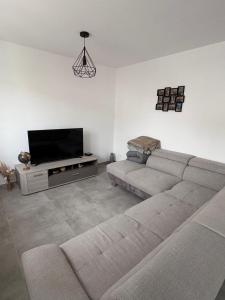a living room with a couch and a flat screen tv at Maison 2 chambres proche circuit 24h et toutes commodités in Arnage