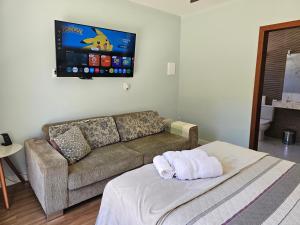 a living room with a couch and a tv at Solar das Oliveiras in Ibertioga