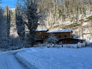 a house covered in snow next to a road at Gîte du vieux moulin in Ravilloles