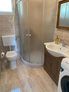a bathroom with a shower and a toilet and a sink at Apartments Villa ALEN in Mimice +49 photos