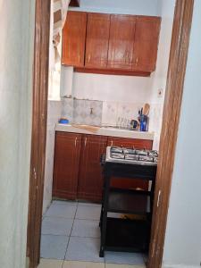 a small kitchen with wooden cabinets and a stove at MJ Homes Eldoret Studio in Eldoret