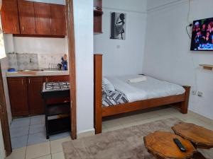 a small room with a bed and a kitchen at MJ Homes Eldoret Studio in Eldoret